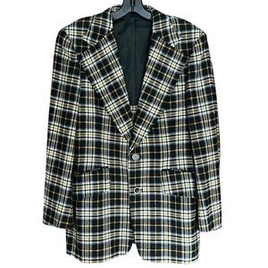 Hardy Amies of London Blazer Sport Coat. Plaid black/gray/gold/white. Sz 42R
